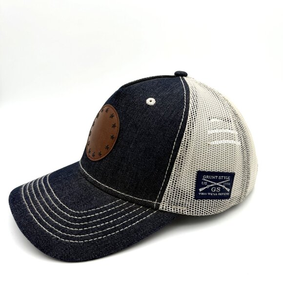 GRUNT STYLE Betsy Ross Faux Leather Patch Denim & Mesh Trucker Hat / Cap America - Picture 2 of 11